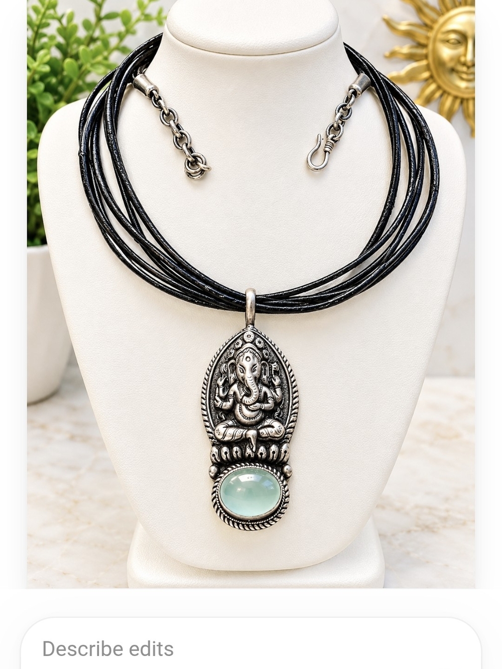 925 Sterling Silver Ganesha Pendant Black Cord and Aqua Chelcedoni Stone Necklac